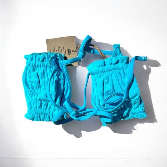 🌻NEW w.tags Free People x Toast Signature Ruffle Bandeau Top in Turquoise Blue - Picture 9 of 13